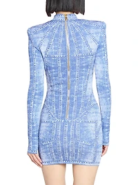 Denim Trompe L'oeil Long-Sleeve Body-Con Minidress