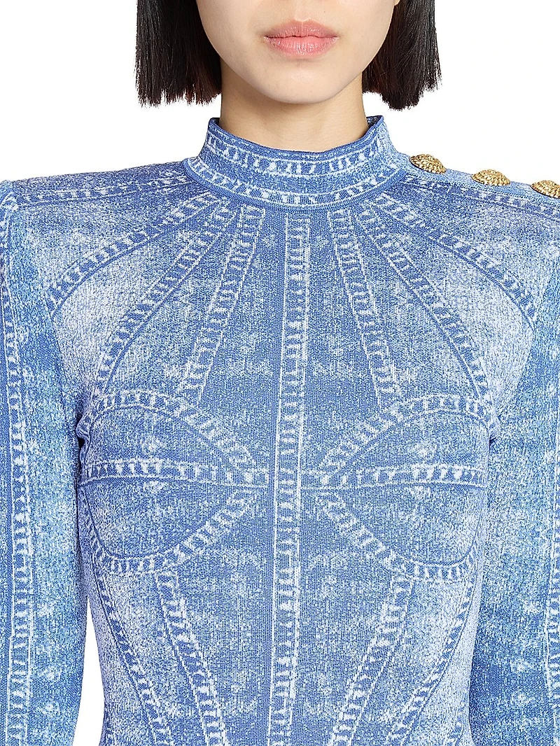 Denim Trompe L'oeil Long-Sleeve Body-Con Minidress