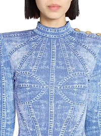 Denim Trompe L'oeil Long-Sleeve Body-Con Minidress