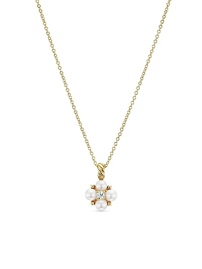 Petite Modern Renaissance Pearl Necklace in 18K Yellow Gold with Center Diamond, 7.8MM