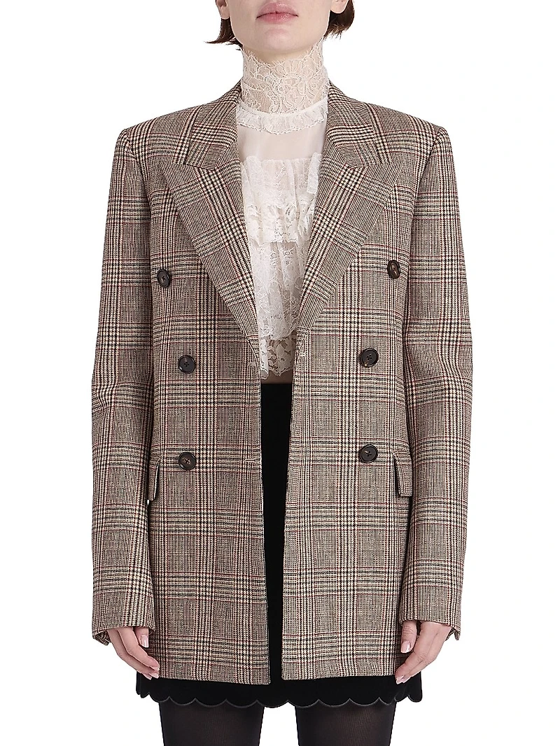 Check Wool-Blend Double-Breasted Blazer