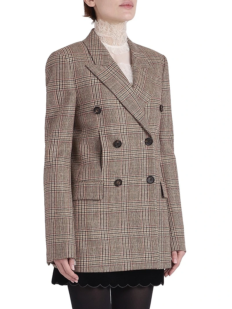 Check Wool-Blend Double-Breasted Blazer