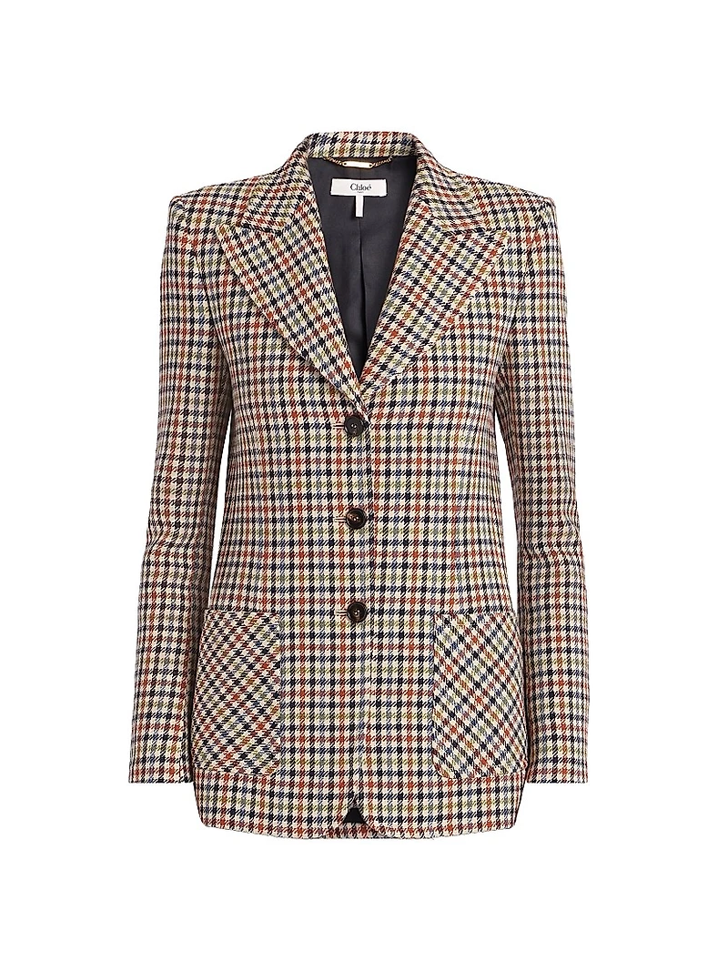 Houndstooth Wool-Blend Single-Breasted Blazer