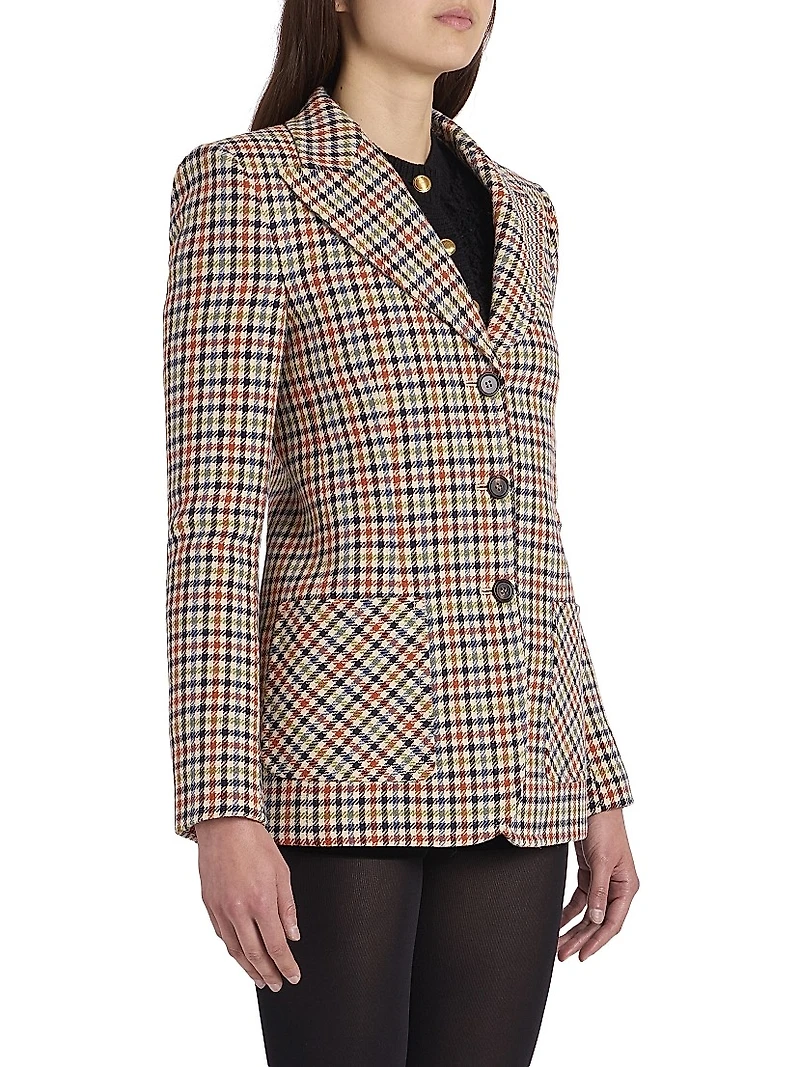 Houndstooth Wool-Blend Single-Breasted Blazer