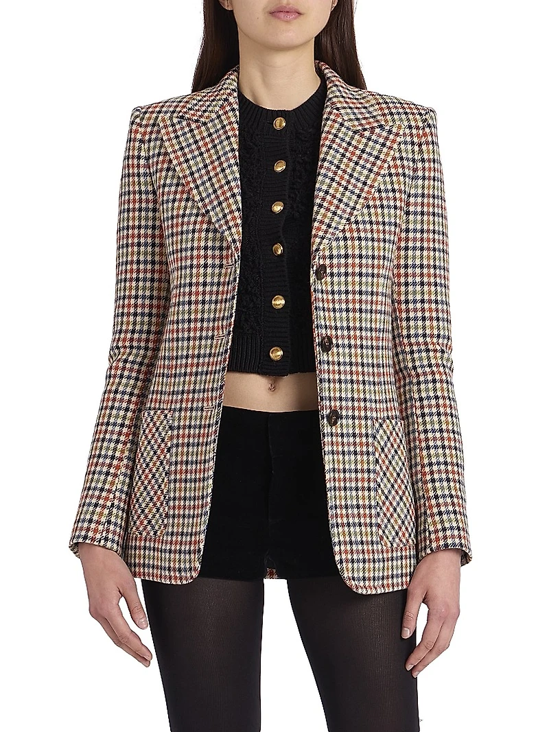 Houndstooth Wool-Blend Single-Breasted Blazer