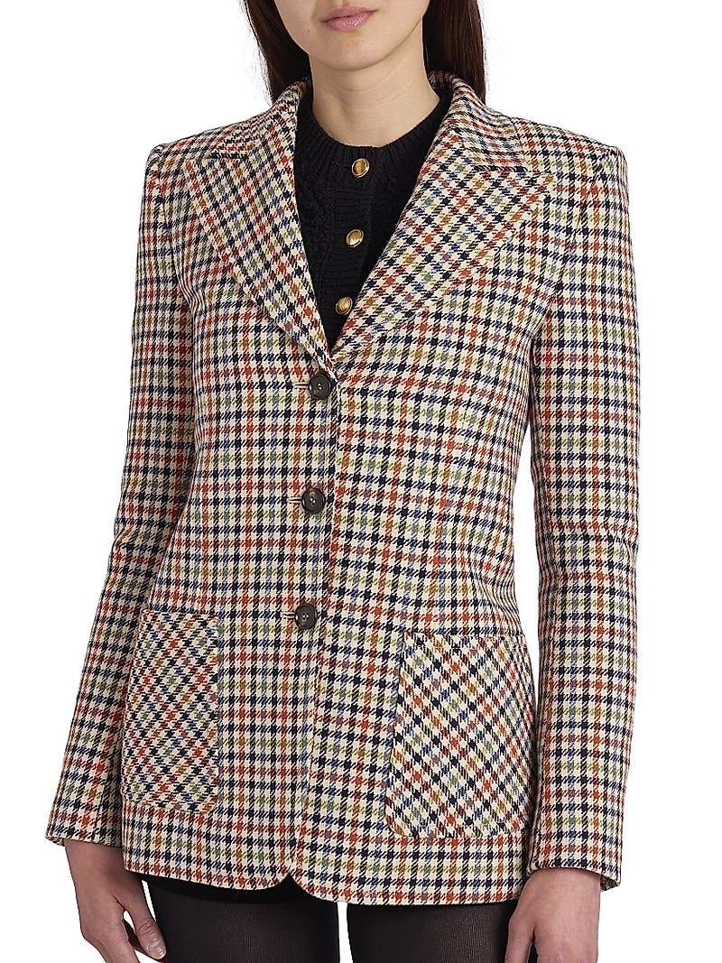 Houndstooth Wool-Blend Single-Breasted Blazer