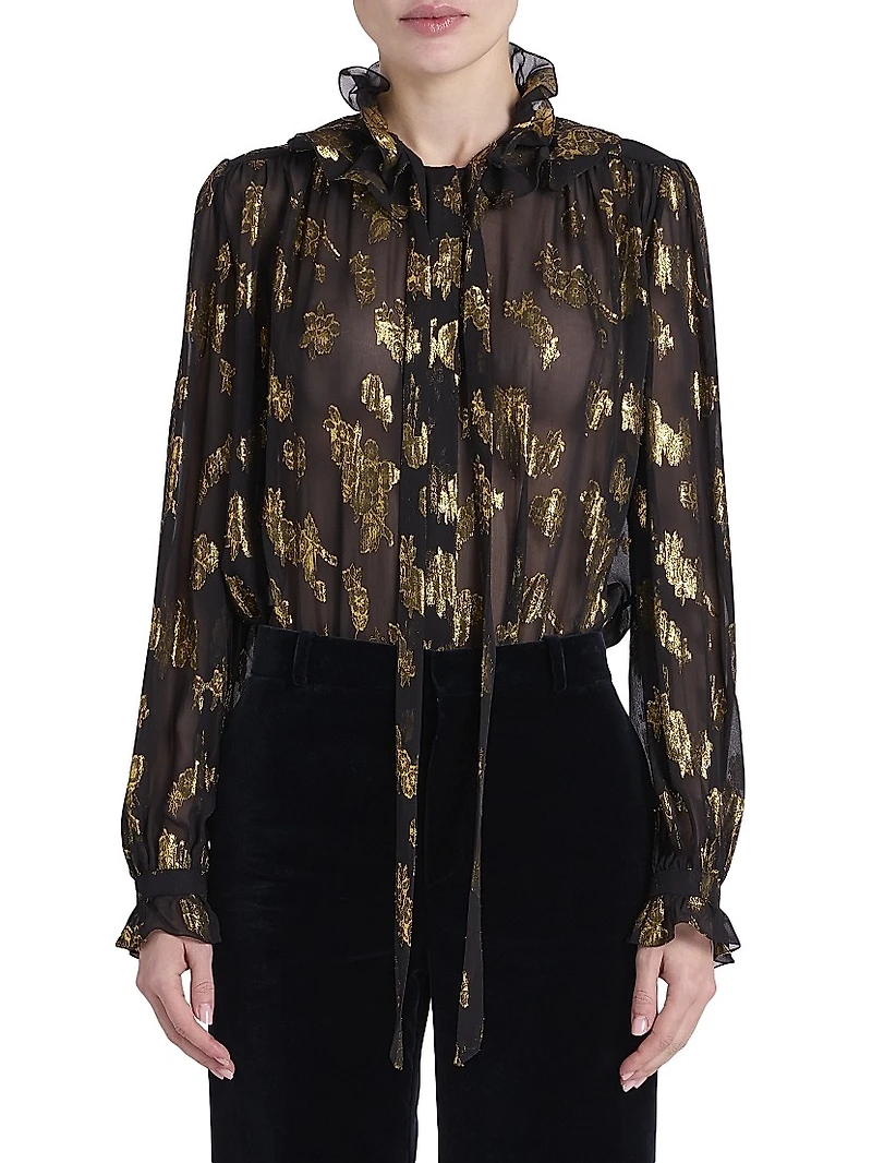 Silk-Blend Metallic Jacquard Blouse