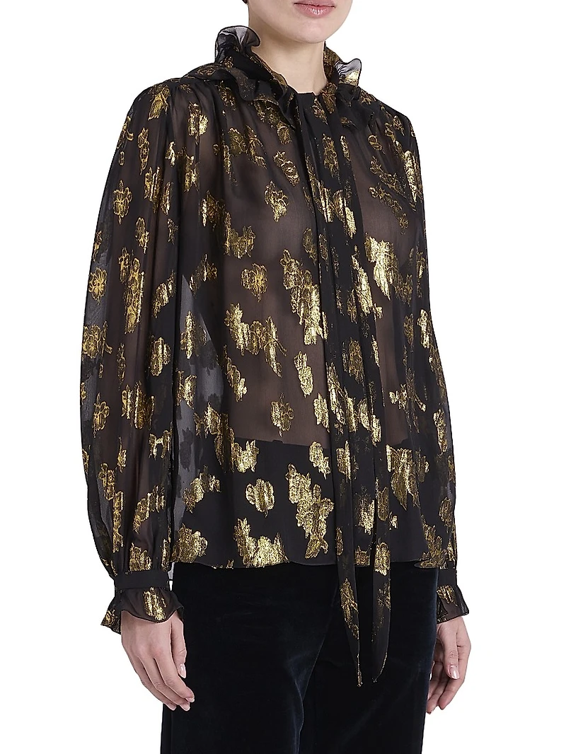 Silk-Blend Metallic Jacquard Blouse