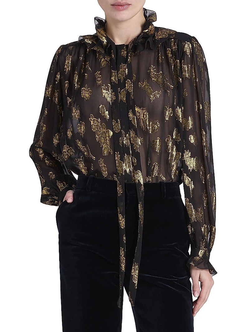 Silk-Blend Metallic Jacquard Blouse