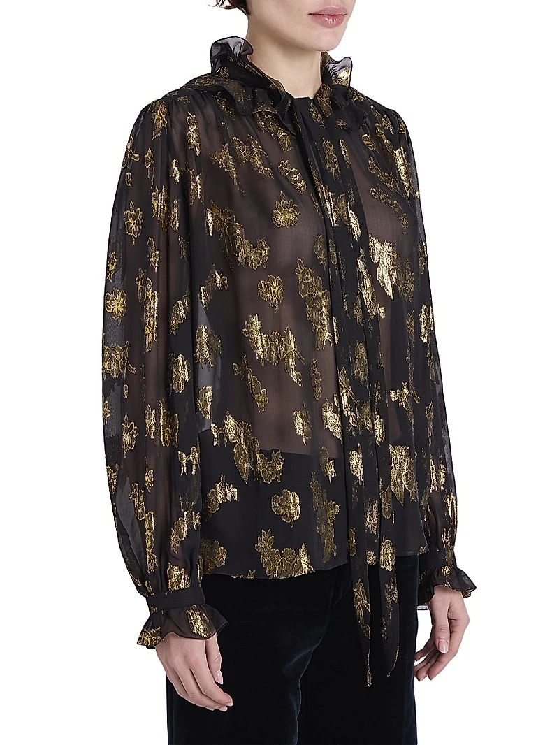 Silk-Blend Metallic Jacquard Blouse