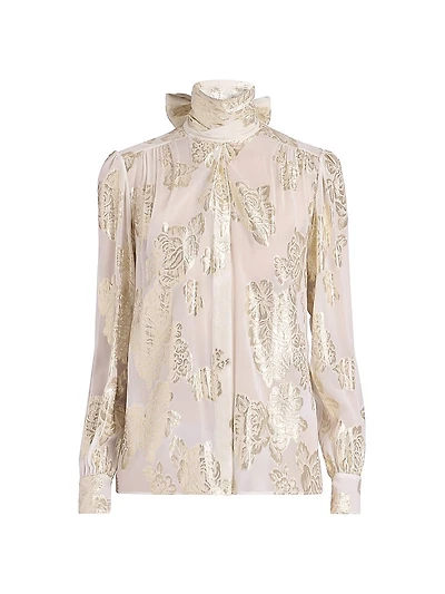 Metallic Floral Jacquard Silk Blouse