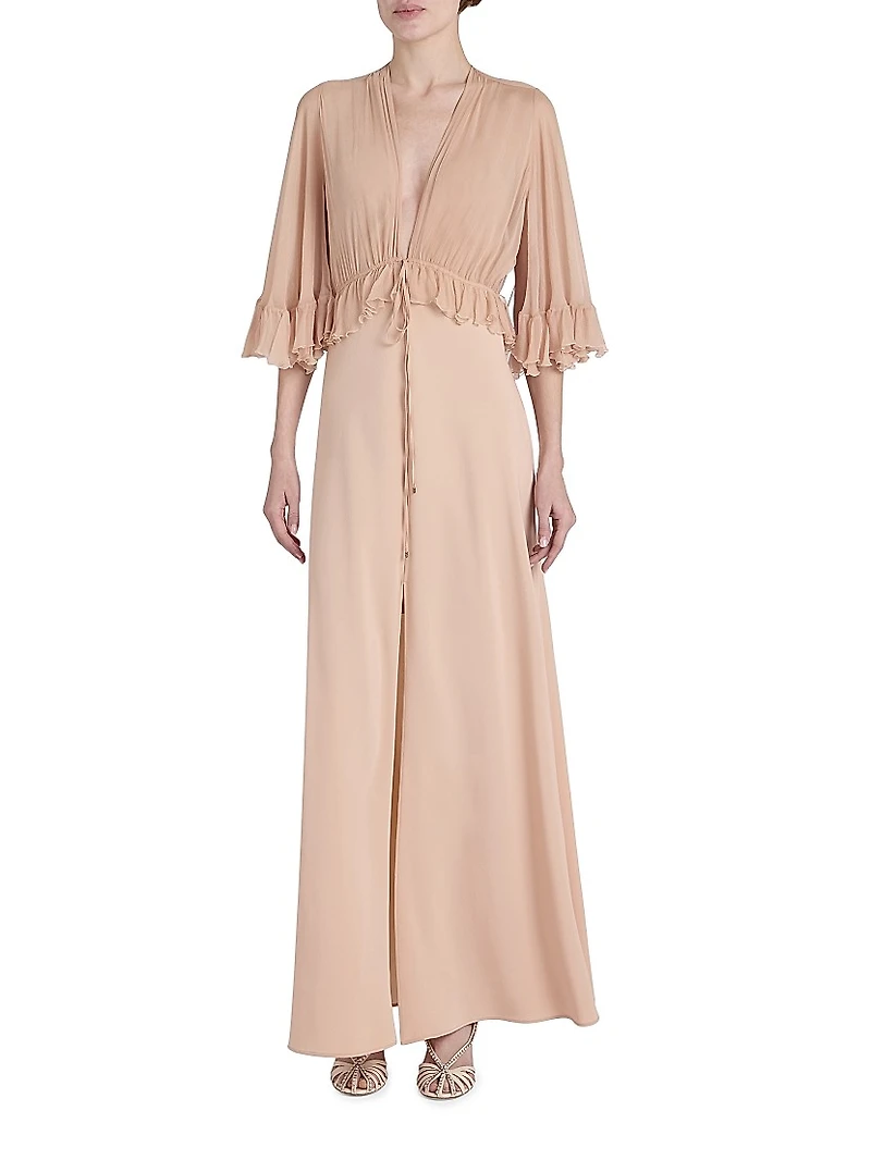Ruffled Silk V-Neck Gown