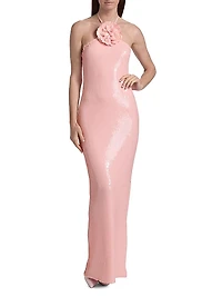 Sequined Floral Halter Cocktail Dress