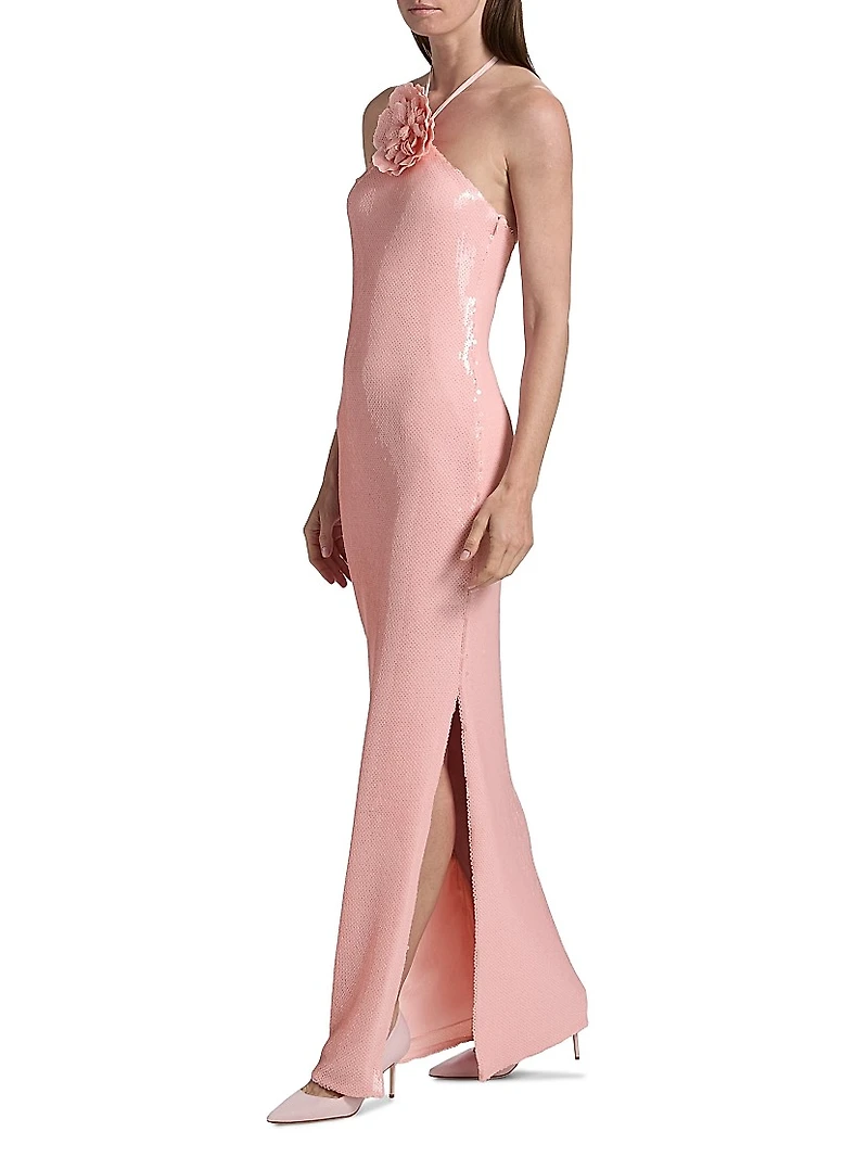Sequined Floral Halter Cocktail Dress