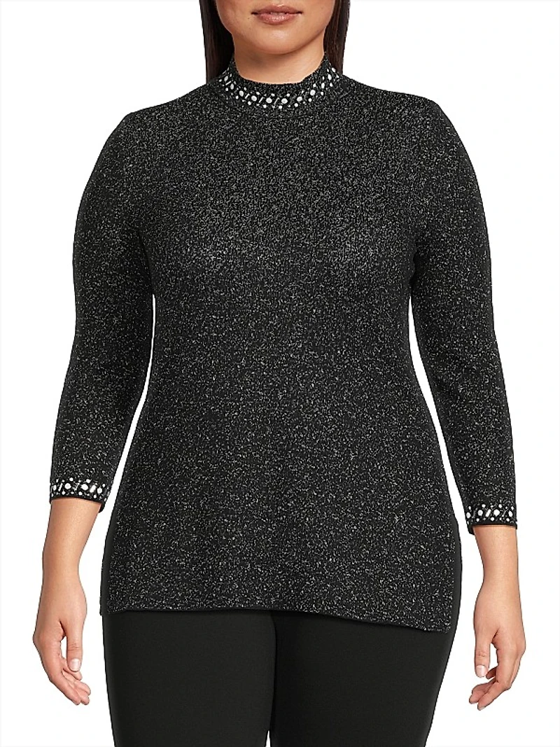 Embellished Mock Turtleneck Tunic Top