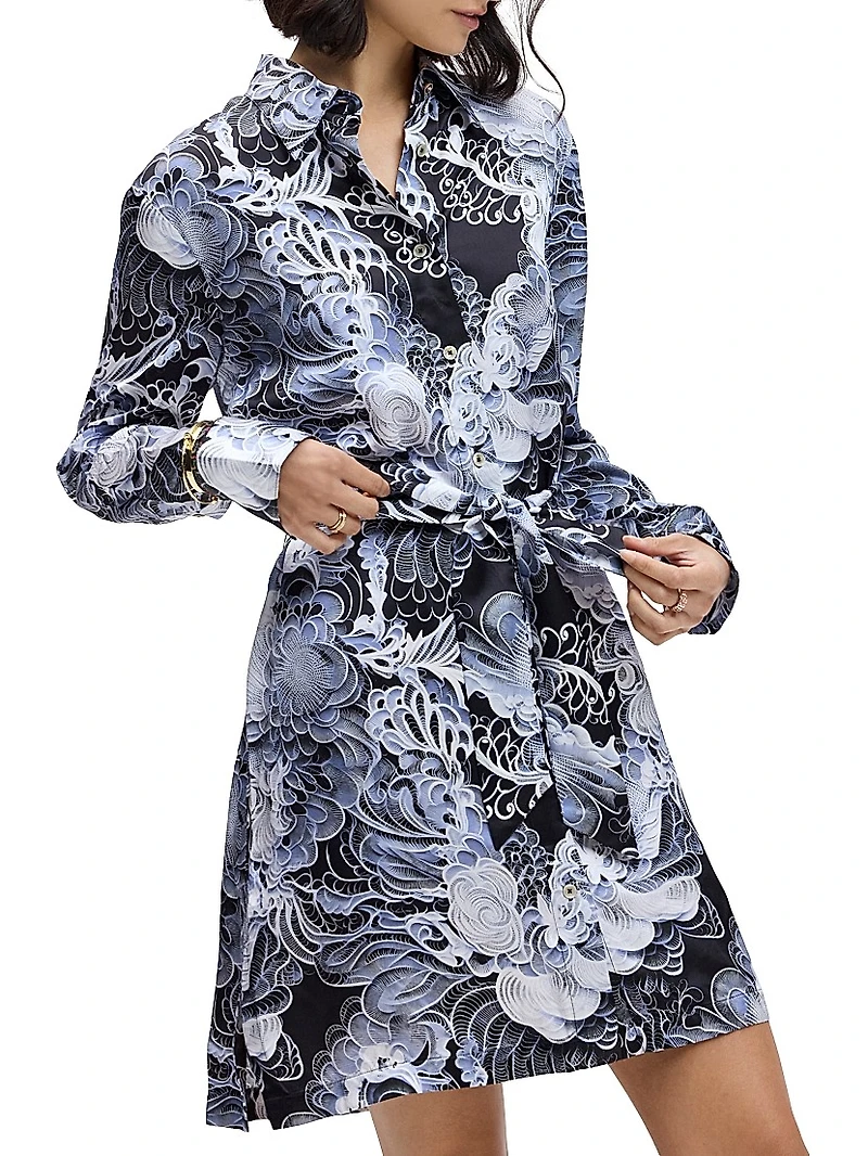 Charlotte Floral Silk-Blend Tie-Waist Mini Shirtdress