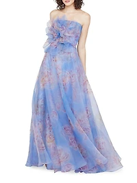 Kimberly Floral Organza Strapless Gown