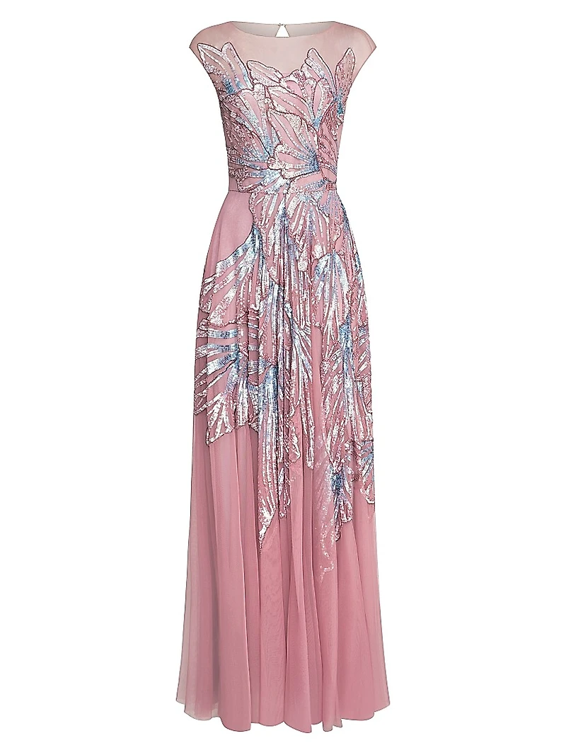 Aviana Beaded Cap-Sleeve Gown