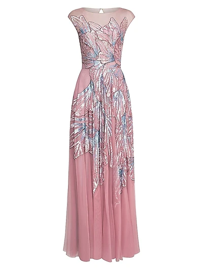 Aviana Beaded Cap-Sleeve Gown
