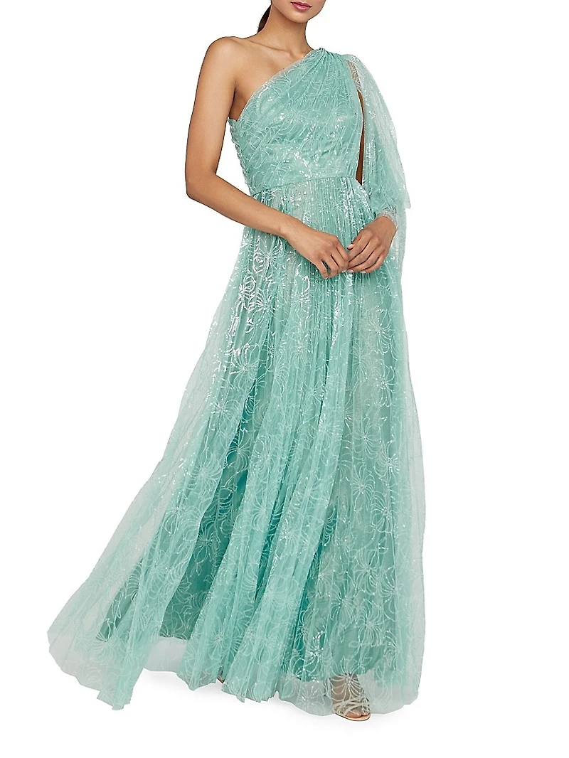 Carol Sequined Tulle One-Shoulder Gown