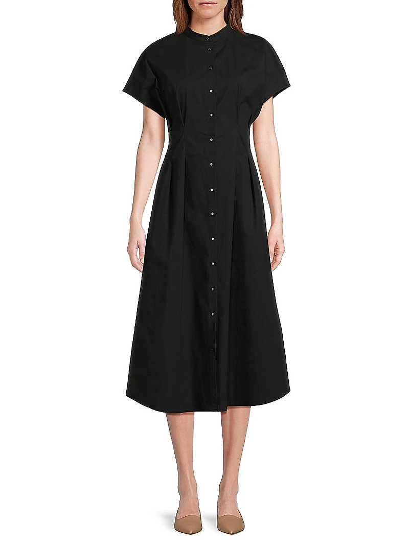 Pleated Striped Cotton Modern-Fit Fit & Flare Midi-Dress