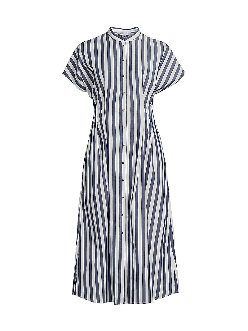 Pleated Striped Cotton Fit & Flare Midi-Dress