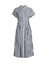 Pleated Striped Cotton Fit & Flare Midi-Dress
