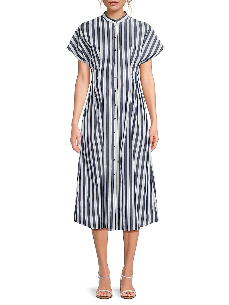 Pleated Striped Cotton Fit & Flare Midi-Dress