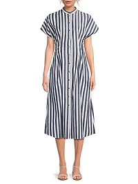 Pleated Striped Cotton Fit & Flare Midi-Dress