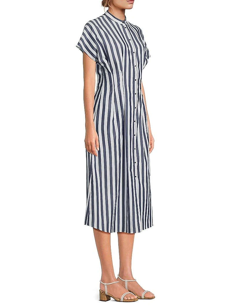 Pleated Striped Cotton Fit & Flare Midi-Dress