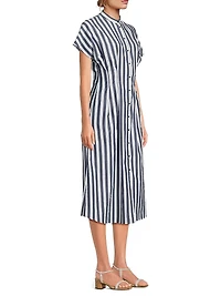 Pleated Striped Cotton Fit & Flare Midi-Dress