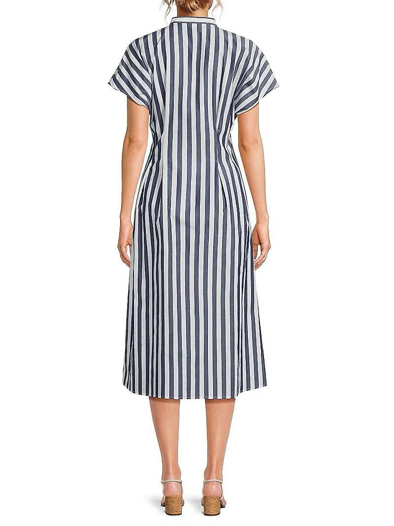 Pleated Striped Cotton Fit & Flare Midi-Dress