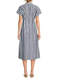 Pleated Striped Cotton Fit & Flare Midi-Dress