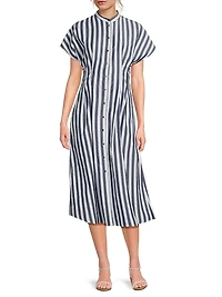 Pleated Striped Cotton Fit & Flare Midi-Dress