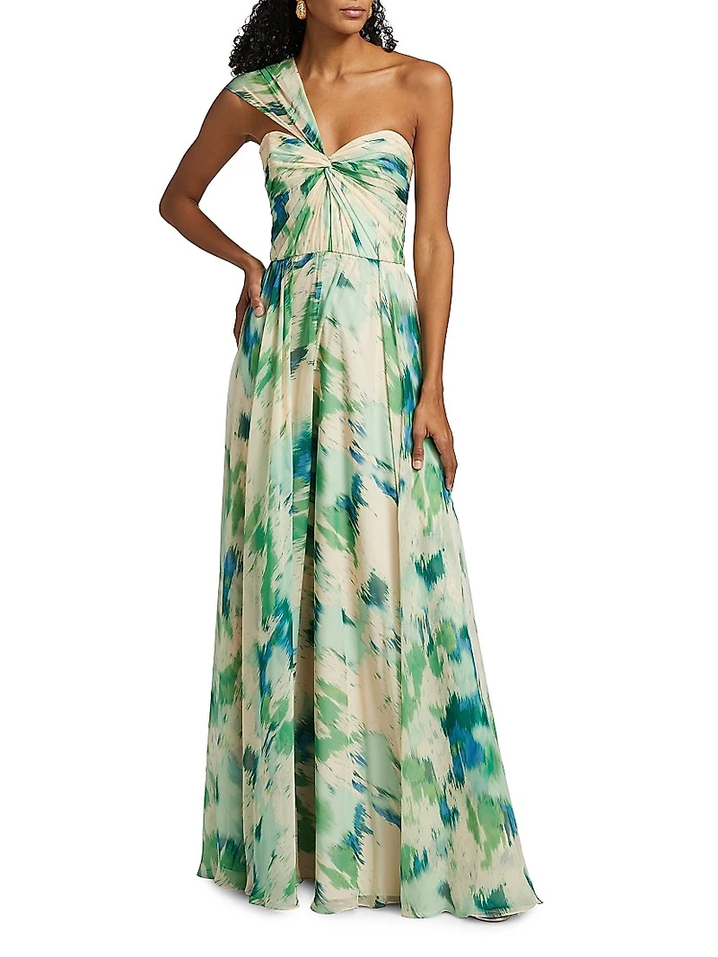 Printed One-Shoulder Gown