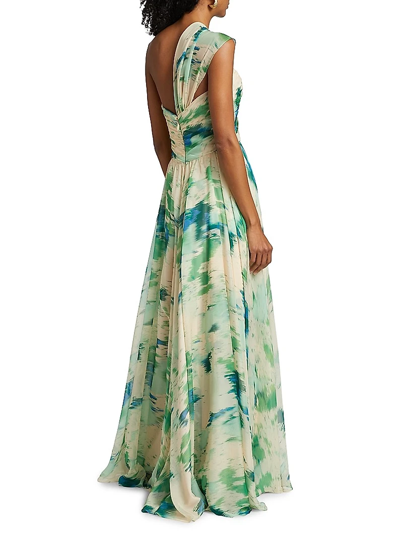 Printed One-Shoulder Gown