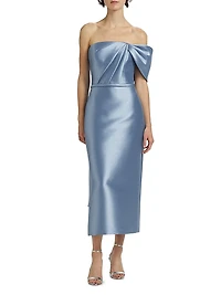 Satin Draped-Shoulder Cocktail Dress