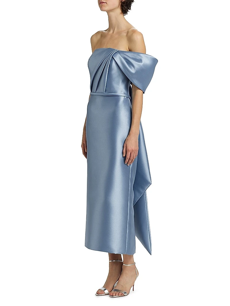 Satin Draped-Shoulder Cocktail Dress