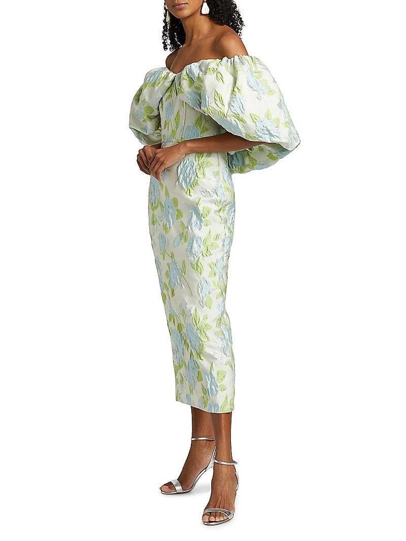 Floral Jacquard Off-The-Shoulder Cocktail Dress