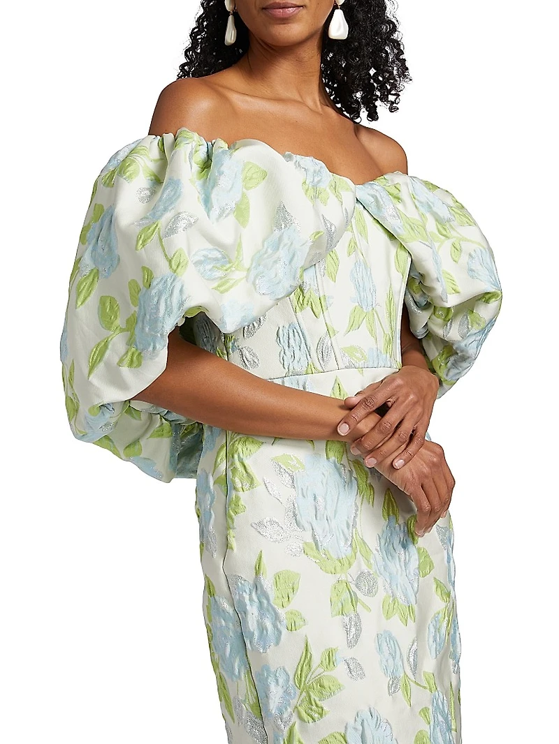 Floral Jacquard Off-The-Shoulder Cocktail Dress