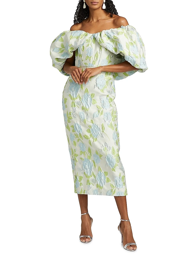 Floral Jacquard Off-The-Shoulder Cocktail Dress