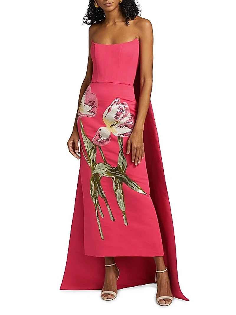 Sequined Floral Strapless Gown