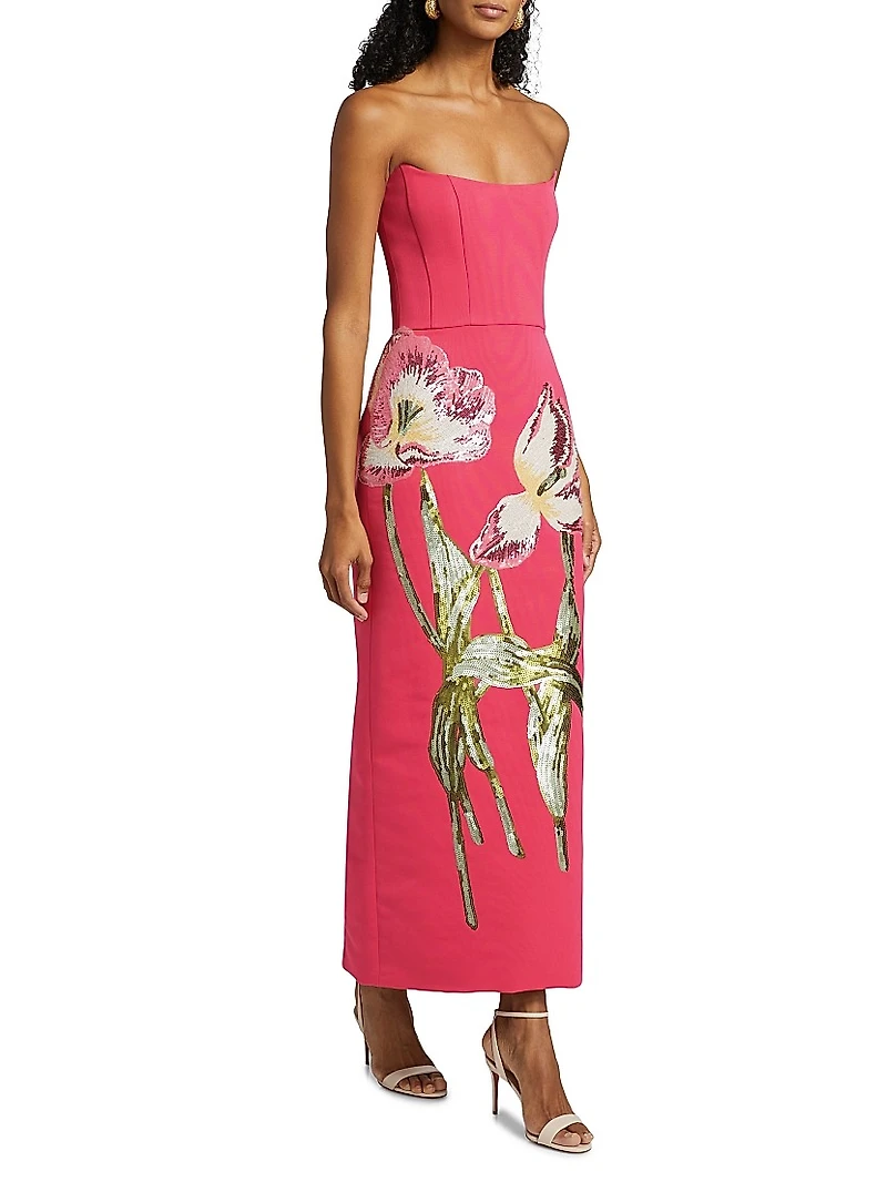Sequined Floral Strapless Gown