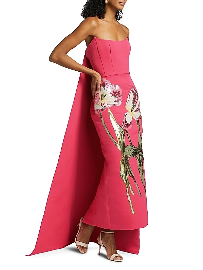Sequined Floral Strapless Gown