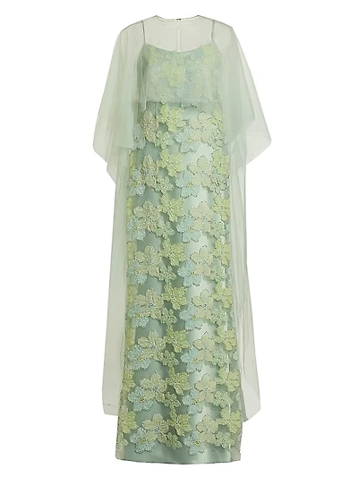 Embroidered Floral Tulle Cape Gown