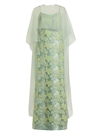 Embroidered Floral Tulle Cape Gown