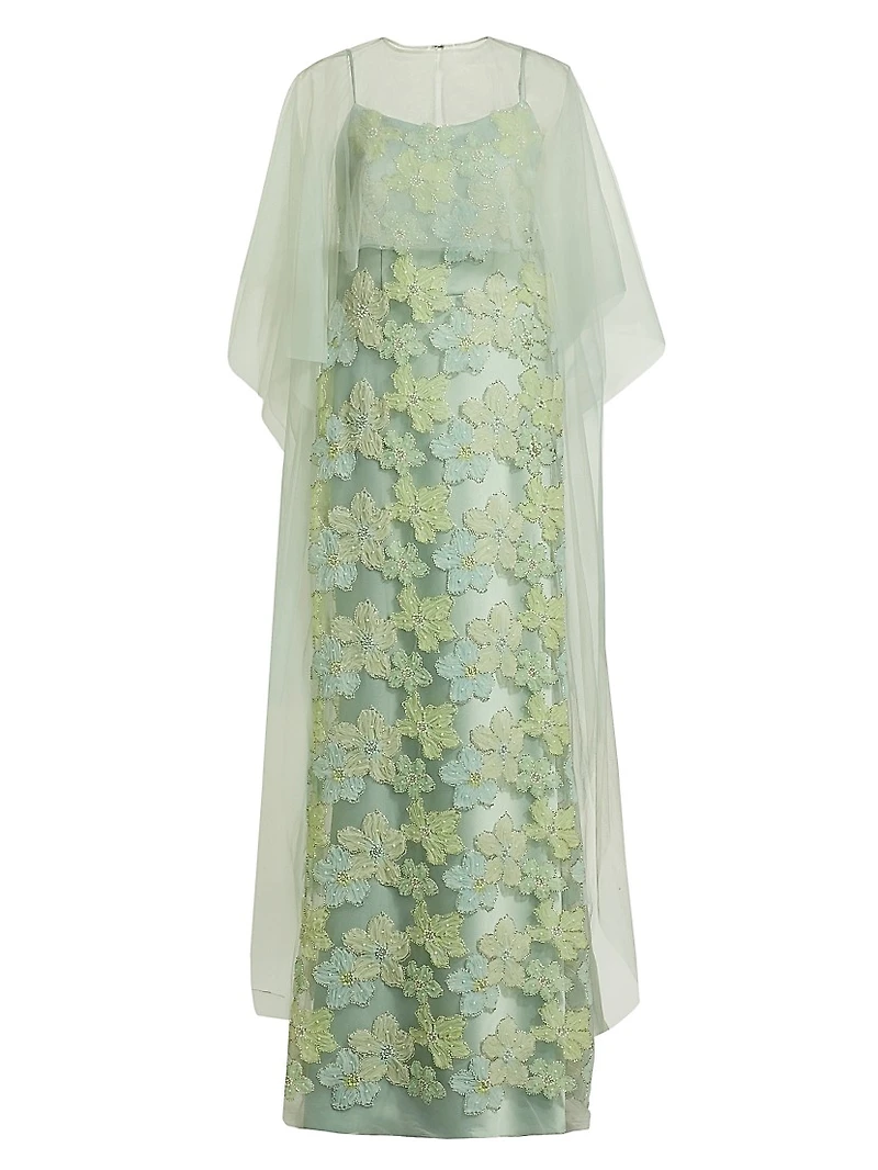 Embroidered Floral Tulle Cape Gown