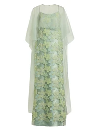 Embroidered Floral Tulle Cape Gown