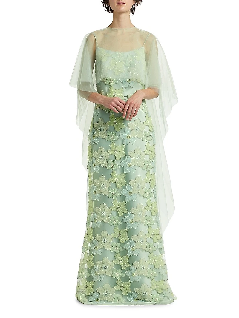 Embroidered Floral Tulle Cape Gown