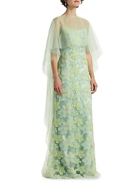 Embroidered Floral Tulle Cape Gown
